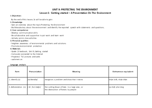 Kế hoạch bài dạy Tiếng Anh Lớp 10 Global Success theo CV5512 - Unit 9: Protecting the environment