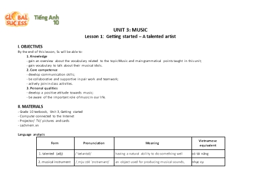 Kế hoạch bài dạy Tiếng Anh Lớp 10 Global Success theo CV5512 - Unit 3: Music