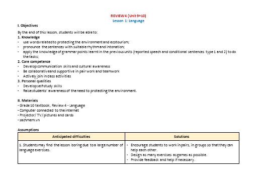 Kế hoạch bài dạy Tiếng Anh Lớp 10 Global Success theo CV5512 - Review 4