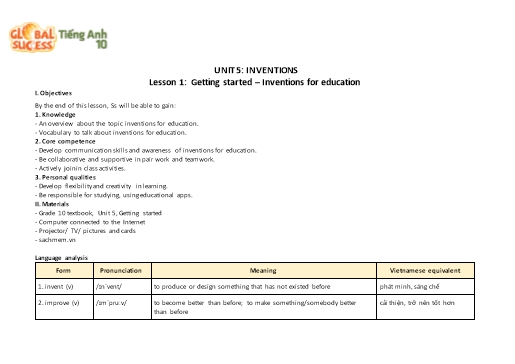 Kế hoạch bài dạy Tiếng Anh Lớp 10 Global Success theo CV5512 - Unit 5: Inventions