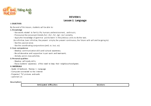 Kế hoạch bài dạy Tiếng Anh Lớp 10 Global Success theo CV5512 - Review 1