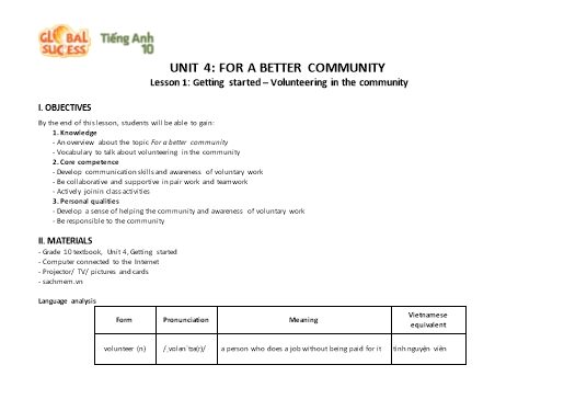 Kế hoạch bài dạy Tiếng Anh Lớp 10 Global Success theo CV5512 - Unit 4: For a better community