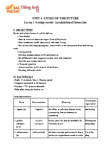 Kế hoạch bài dạy Tiếng Anh Lớp 11 Global Success theo CV5512 - Unit 3: Cities of the future