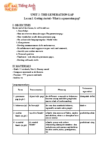 Kế hoạch bài dạy Tiếng Anh Lớp 11 Global Success theo CV5512 - Unit 2: The generation gap