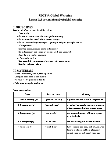 Kế hoạch bài dạy Tiếng Anh Lớp 11 Global Success theo CV5512 - Unit 5: Global warming