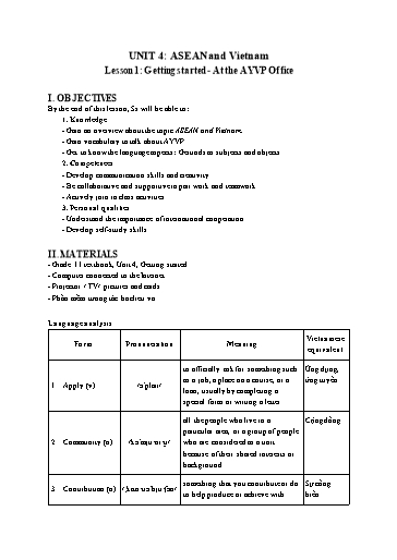 Kế hoạch bài dạy Tiếng Anh Lớp 11 Global Success theo CV5512 - Unit 4: Asean and Vietnam