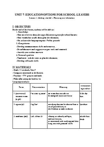 Kế hoạch bài dạy Tiếng Anh Lớp 11 Global Success theo CV5512 - Unit 7: Education options for school leavers