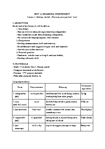 Kế hoạch bài dạy Tiếng Anh Lớp 11 Global Success theo CV5512 - Unit 8: Becoming independent
