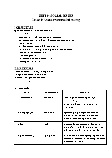 Kế hoạch bài dạy Tiếng Anh Lớp 11 Global Success theo CV5512 - Unit 9: Social issues