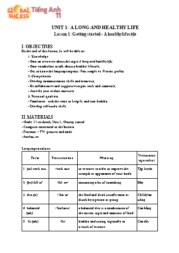 Kế hoạch bài dạy Tiếng Anh Lớp 11 Global Success theo CV5512 - Unit 1: A Long And healthy life