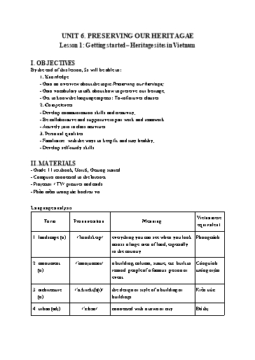 Kế hoạch bài dạy Tiếng Anh Lớp 11 Global Success theo CV5512 - Unit 6: Preserving our heritagae