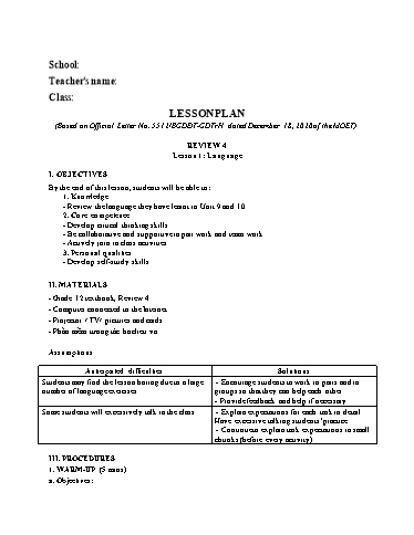 Kế hoạch bài dạy Tiếng Anh Lớp 12 Global Success theo CV5512 - Review 4