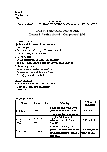 Kế hoạch bài dạy Tiếng Anh Lớp 12 Global Success theo CV5512 - Unit 5: The world of work