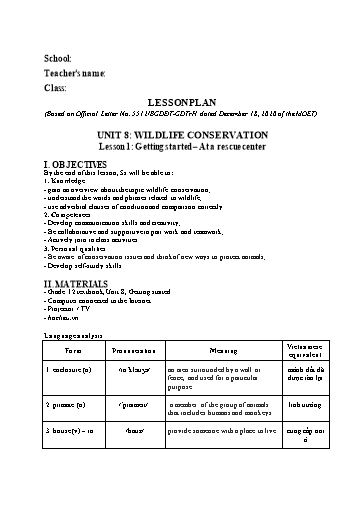 Kế hoạch bài dạy Tiếng Anh Lớp 12 Global Success theo CV5512 - Unit 8: Wildlife conservation