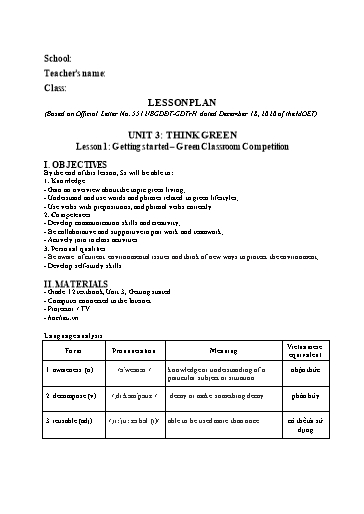 Kế hoạch bài dạy Tiếng Anh Lớp 12 Global Success theo CV5512 - Unit 3: Think green