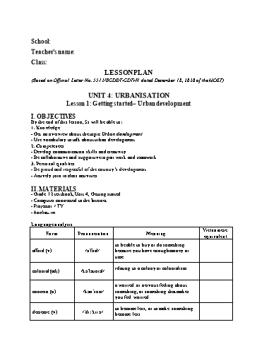 Kế hoạch bài dạy Tiếng Anh Lớp 12 Global Success theo CV5512 - Unit 4: Urbanisation