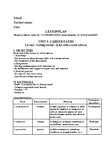 Kế hoạch bài dạy Tiếng Anh Lớp 12 Global Success theo CV5512 - Unit 9: Career paths