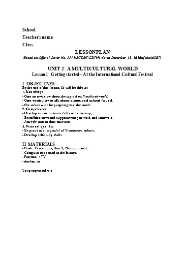 Kế hoạch bài dạy Tiếng Anh Lớp 12 Global Success theo CV5512 - Unit 2: A multicultural world