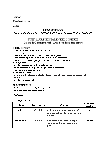 Kế hoạch bài dạy Tiếng Anh Lớp 12 Global Success theo CV5512 - Unit 6: Artificial intelligence