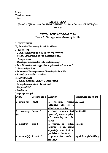 Kế hoạch bài dạy Tiếng Anh Lớp 12 Global Success theo CV5512 - Unit 10: Lifelong learning