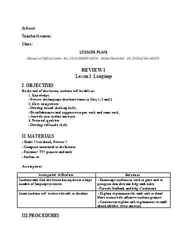 Kế hoạch bài dạy Tiếng Anh Lớp 12 Global Success theo CV5512 - Review 1