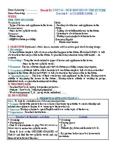 Kế hoạch bài dạy Tiếng Anh Lớp 6 Global Success theo CV5512 - Unit 10: Our houses in the future - Lesson 3: A closer look 2