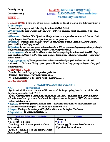 Kế hoạch bài dạy Tiếng Anh Lớp 6 Global Success theo CV5512 - Review 3 (Unit 7+8+9) - Lesson 1: Language