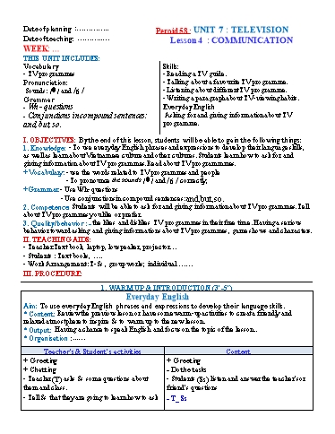Kế hoạch bài dạy Tiếng Anh Lớp 6 Global Success theo CV5512 - Unit 7: Television - Lesson 4: Communication