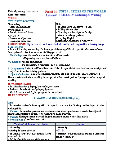 Kế hoạch bài dạy Tiếng Anh Lớp 6 Global Success theo CV5512 - Unit 9: Cities of the world - Lesson 6: Skills 2 Kế hoạch bài dạy Tiếng Anh Lớp 6 Global Success theo CV5512 - Unit 9: Cities of the world - Lesson 6: Skills 2