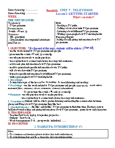 Kế hoạch bài dạy Tiếng Anh Lớp 6 Global Success theo CV5512 - Unit 7: Television - Lesson 1: Getting started Kế hoạch bài dạy Tiếng Anh Lớp 6 Global Success theo CV5512 - Unit 7: Television - Lesson 1: Getting started