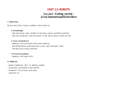 Kế hoạch bài dạy Tiếng Anh Lớp 6 Global Success theo CV5512 - Unit 12: Robots Kế hoạch bài dạy Tiếng Anh Lớp 6 Global Success theo CV5512 - Unit 12: Robots