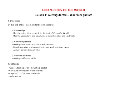 Kế hoạch bài dạy Tiếng Anh Lớp 6 Global Success theo CV5512 - Unit 9: Cities of the world Kế hoạch bài dạy Tiếng Anh Lớp 6 Global Success theo CV5512 - Unit 9: Cities of the world