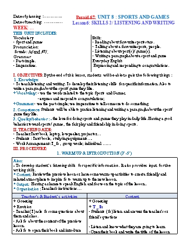 Kế hoạch bài dạy Tiếng Anh Lớp 6 Global Success theo CV5512 - Unit 8: Sports and games - Lesson 6: Skills 2 Kế hoạch bài dạy Tiếng Anh Lớp 6 Global Success theo CV5512 - Unit 8: Sports and games - Lesson 6: Skills 2