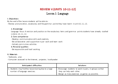 Kế hoạch bài dạy Tiếng Anh Lớp 6 Global Success theo CV5512 - Review 2 (Units 10+11+12) Kế hoạch bài dạy Tiếng Anh Lớp 6 Global Success theo CV5512 - Review 2 (Units 10+11+12)