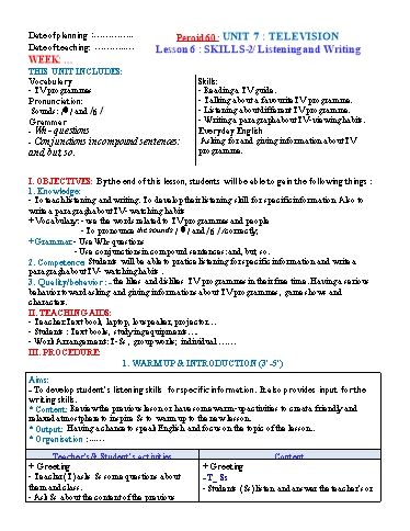 Kế hoạch bài dạy Tiếng Anh Lớp 6 Global Success theo CV5512 - Unit 7: Television - Lesson 6: Skills 2 Kế hoạch bài dạy Tiếng Anh Lớp 6 Global Success theo CV5512 - Unit 7: Television - Lesson 6: Skills 2