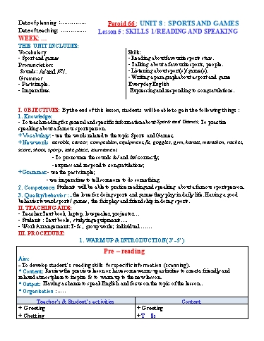 Kế hoạch bài dạy Tiếng Anh Lớp 6 Global Success theo CV5512 - Unit 8: Sports and games - Lesson 5: Skills 1 Kế hoạch bài dạy Tiếng Anh Lớp 6 Global Success theo CV5512 - Unit 8: Sports and games - Lesson 5: Skills 1