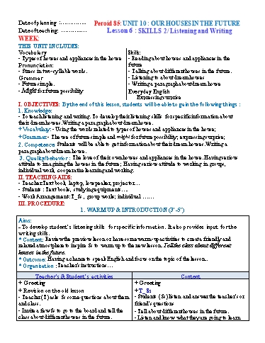 Kế hoạch bài dạy Tiếng Anh Lớp 6 Global Success theo CV5512 - Unit 10: Our houses in the future - Lesson 6: Skills 2
