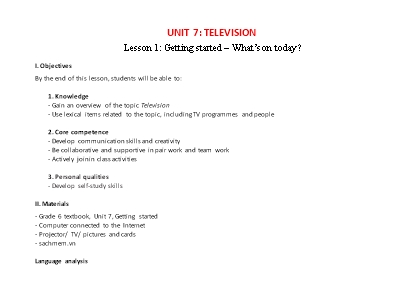 Kế hoạch bài dạy Tiếng Anh Lớp 6 Global Success theo CV5512 - Unit 7: Television Kế hoạch bài dạy Tiếng Anh Lớp 6 Global Success theo CV5512 - Unit 7: Television