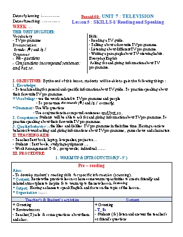 Kế hoạch bài dạy Tiếng Anh Lớp 6 Global Success theo CV5512 - Unit 7: Television - Lesson 5: Skills 1 Kế hoạch bài dạy Tiếng Anh Lớp 6 Global Success theo CV5512 - Unit 7: Television - Lesson 5: Skills 1