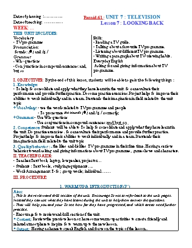 Kế hoạch bài dạy Tiếng Anh Lớp 6 Global Success theo CV5512 - Unit 7: Television - Lesson 7: Looking back