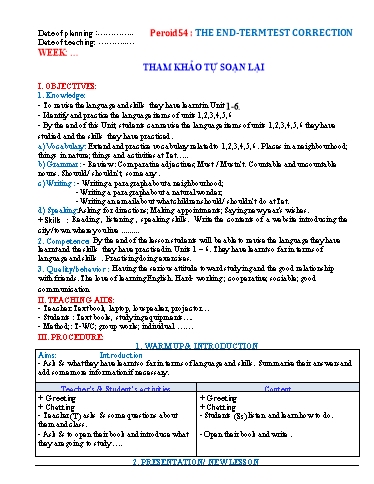 Kế hoạch bài dạy Tiếng Anh Lớp 6 Global Success - Tiết 54: Kiểm tra cuối học kì 1