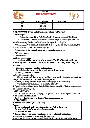 Kế hoạch bài dạy Tiếng Anh Lớp 7 Global Success - Introduction - Năm học 2022-2023