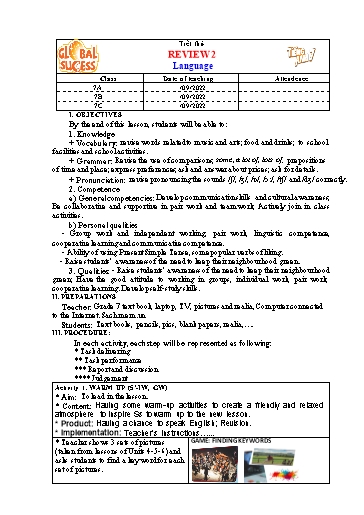 Kế hoạch bài dạy Tiếng Anh Lớp 7 Global Success - Review 2: Language - Năm học 2022-2023