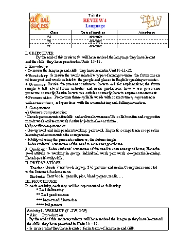 Kế hoạch bài dạy Tiếng Anh Lớp 7 Global Success - Review 4: Language - Năm học 2022-2023