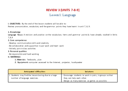 Kế hoạch bài dạy Tiếng Anh Lớp 7 Global Success theo CV5512 - Review 3 (Units 7+8+9) Kế hoạch bài dạy Tiếng Anh Lớp 7 Global Success theo CV5512 - Review 3 (Units 7+8+9)