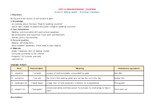 Kế hoạch bài dạy Tiếng Anh Lớp 7 Global Success theo CV5512 - Unit 12: English speaking countries Kế hoạch bài dạy Tiếng Anh Lớp 7 Global Success theo CV5512 - Unit 12: English speaking countries