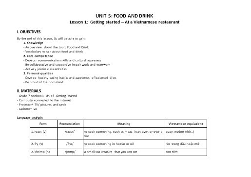 Kế hoạch bài dạy Tiếng Anh Lớp 7 Global Success theo CV5512 - Unit 5: Food and drink Kế hoạch bài dạy Tiếng Anh Lớp 7 Global Success theo CV5512 - Unit 5: Food and drink