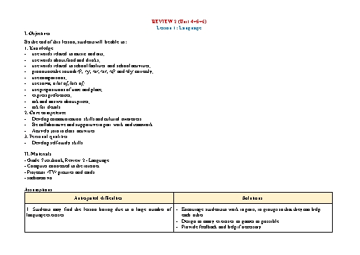 Kế hoạch bài dạy Tiếng Anh Lớp 7 Global Success theo CV5512 - Review 2 (Units 4+5+6) Kế hoạch bài dạy Tiếng Anh Lớp 7 Global Success theo CV5512 - Review 2 (Units 4+5+6)