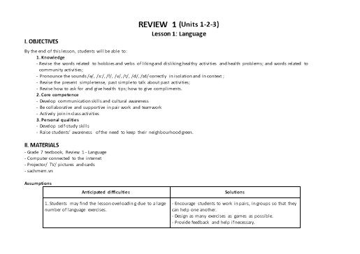 Kế hoạch bài dạy Tiếng Anh Lớp 7 Global Success theo CV5512 - Review 1 (Units 1+2+3) Kế hoạch bài dạy Tiếng Anh Lớp 7 Global Success theo CV5512 - Review 1 (Units 1+2+3)