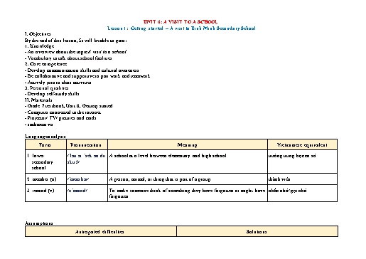 Kế hoạch bài dạy Tiếng Anh Lớp 7 Global Success theo CV5512 - Unit 6: A visit to a school Kế hoạch bài dạy Tiếng Anh Lớp 7 Global Success theo CV5512 - Unit 6: A visit to a school